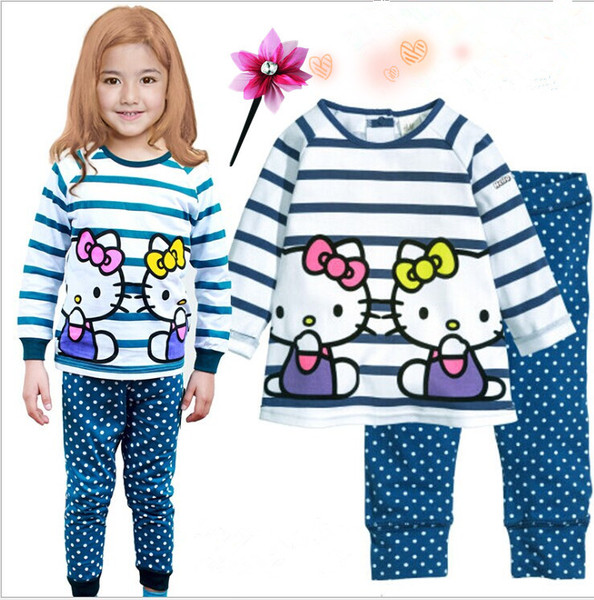 外贸纯棉儿童春秋家居服 女童Hello Kitty长袖卡通秋衣秋裤套装