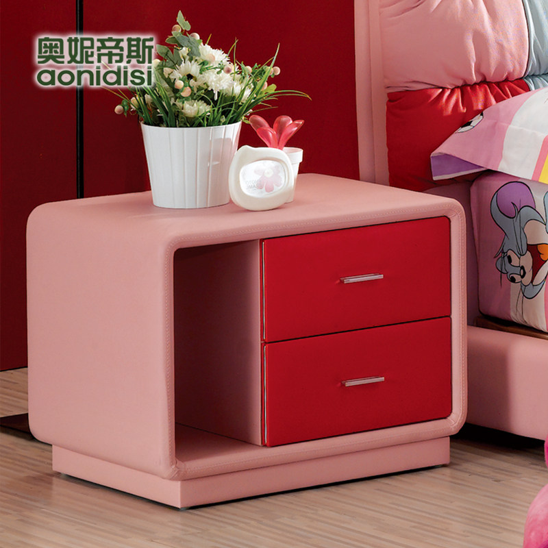奥妮帝斯床头柜实木 简约现代皮艺床头柜 粉色收纳柜双斗柜