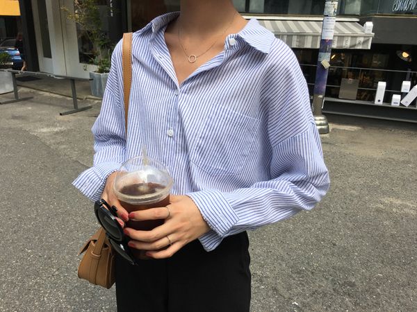 [elina sea]2016早秋 自制款 很nice小寬松麻棉藍白條紋長袖襯衫