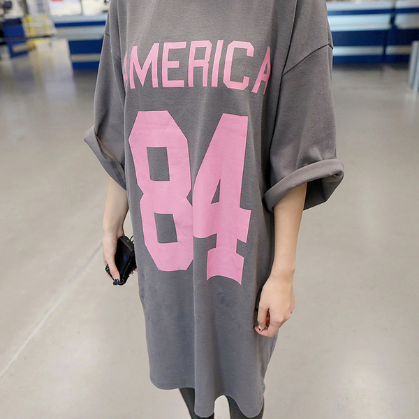 2017韩版春夏新款印花半袖体恤大码宽松长款休闲短袖T恤裙女纯棉