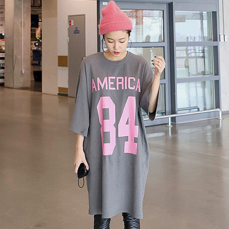 2017韩版春夏新款印花半袖体恤大码宽松长款休闲短袖T恤裙女纯棉