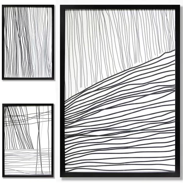 后现代简约装饰画样板间装饰画黑白 客厅实物画立体挂画 线条构成