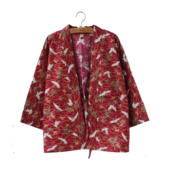 原创 日式东瀛和风纯棉仙鹤烫金图案七分袖和服开衫外套女装上衣