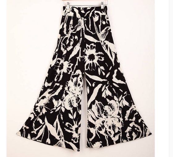 春夏大码长裤女泼墨黑白花显瘦阔腿裤冰丝棉麻宽松甩裤休闲沙滩裤