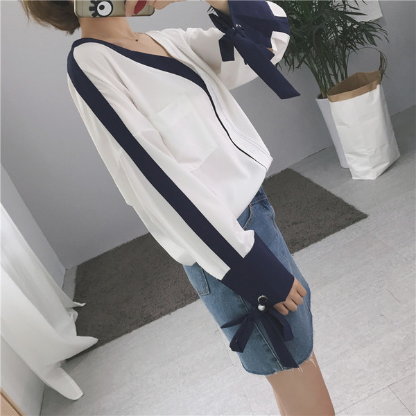 春装新款韩版复古港味chic风拼色大v领袖口绑带长袖衬衣女衬衫