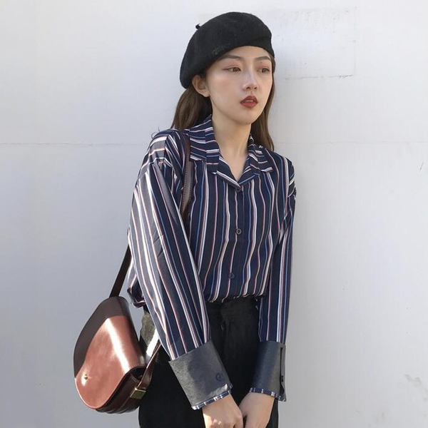 春装新款宽松显瘦竖条纹拼接皮袖口韩版衬衫女翻领单排扣衬衣上衣