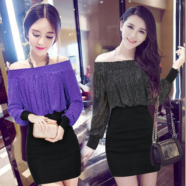 2017年春季新款韩版气质性感女装亮丝一字领修身包臀连衣裙女春秋