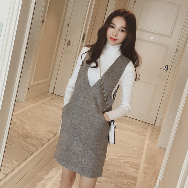 2016秋冬新款韩版女装V领无袖背带裙子打底显瘦背心裙毛呢连衣裙