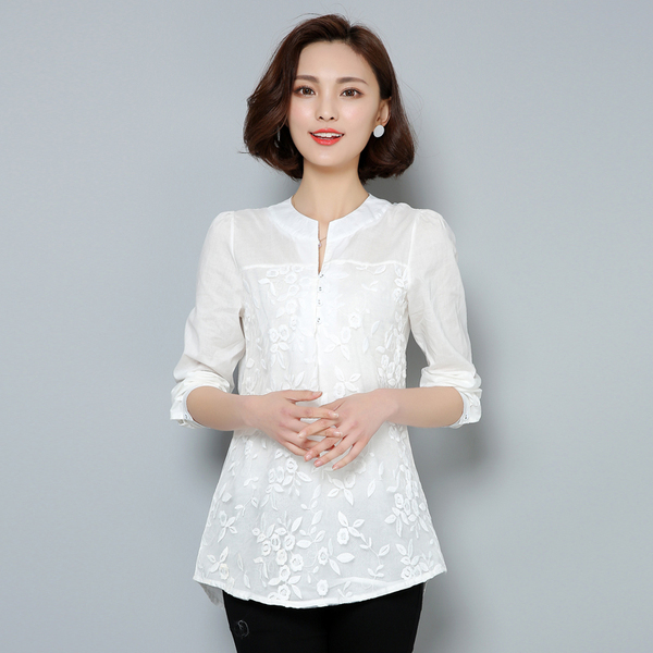 2017春秋新女韩版欧根纱刺绣衬衣棉麻中长款无领修身纯色大码衬衫
