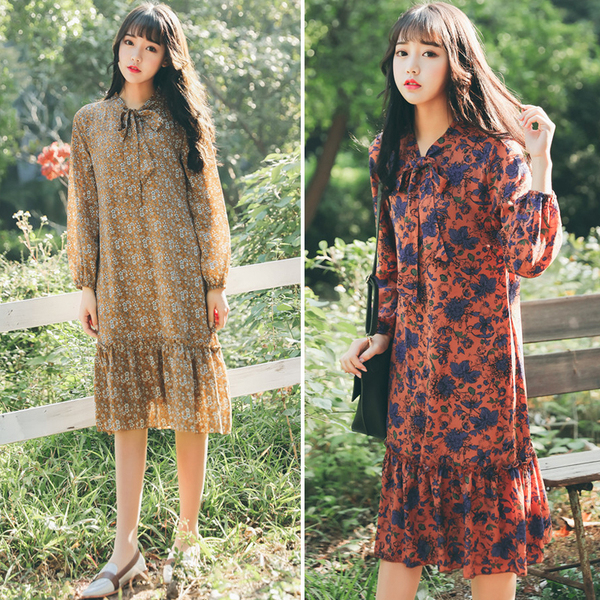 春装新款女装宽松蝴蝶结领复古印花连衣裙女学生中长款碎花鱼尾裙