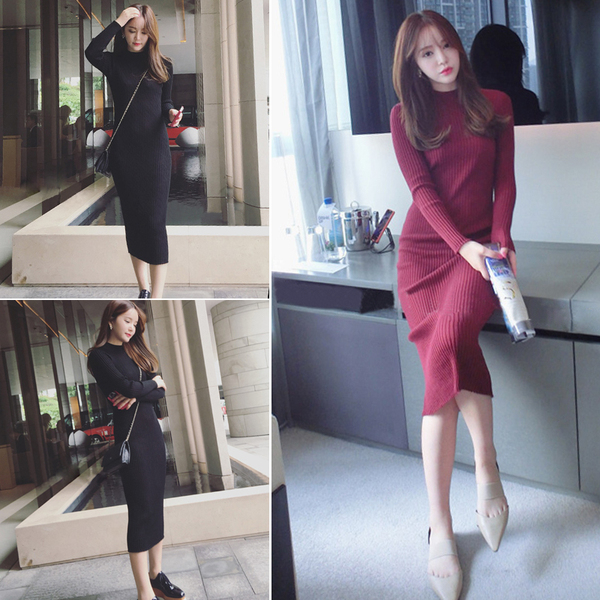 秋冬新款韩版女装修身显瘦螺纹包臀长裙半高领长袖针织打底连衣裙