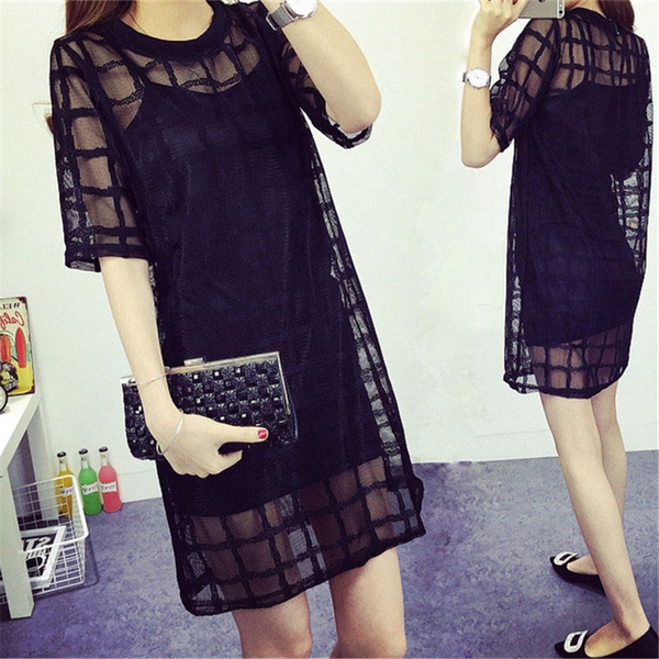 2017夏季黑色网纱大码两件套连衣裙短袖吊带背心+A字短裙两套装女