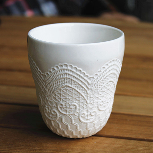 出口法国原单 蕾丝浮雕花纹 创意陶瓷杯马克杯 咖啡杯茶杯 水杯子