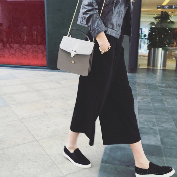 夏季新款韩版松紧高腰显瘦宽松休闲裤女学生百搭七分裤阔腿裤黑色