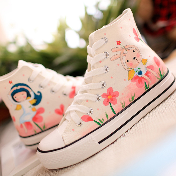 秋季帆布鞋粉色小女孩彩绘板鞋可爱卡通几米兔手绘鞋子非主流学生