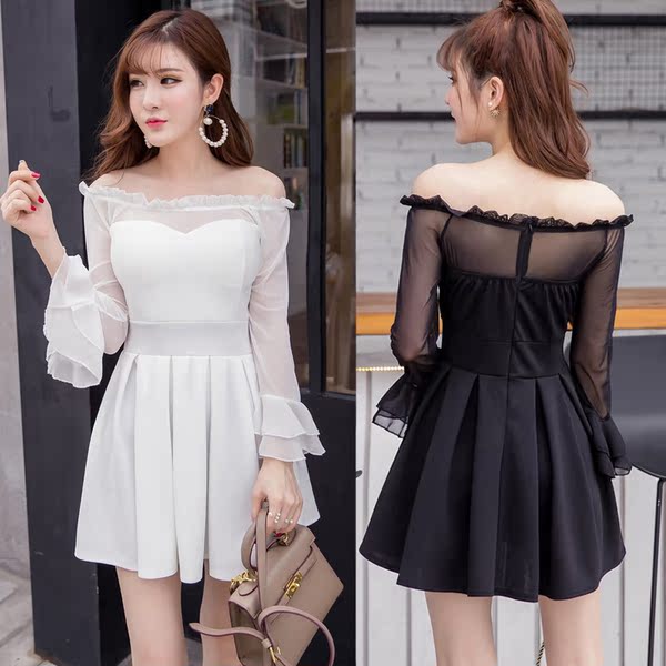 2016秋冬新款韩版新款女装一字领网纱喇叭袖修身抹胸性感连衣裙