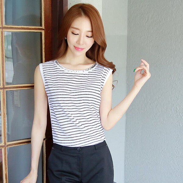 韩版大码夏装条纹百搭短款吊带小背心女外穿打底衫无袖雪纺衫宽松