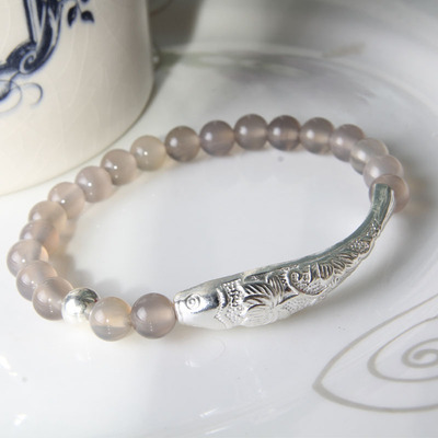 ph7款原创s925纯银流年小花鱼灰玛瑙手链女款民族风手串饰品首饰