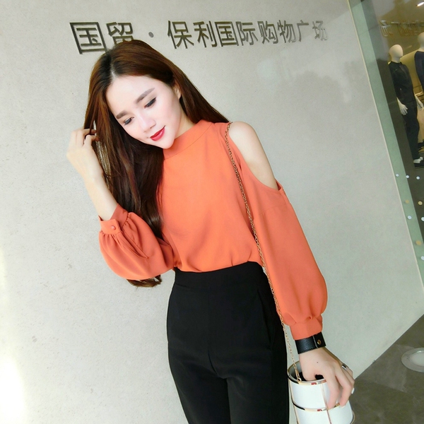 秋装新款宽松漏肩显瘦打底雪纺衫女装2016韩版百搭九分袖衬衫上衣