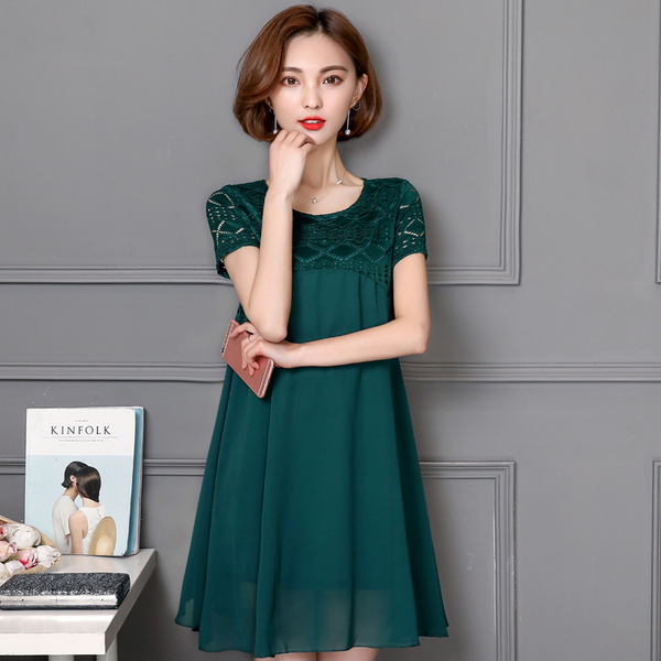 2017夏装胖mm中长款打底衫加肥加大码蕾丝宽松显瘦短袖雪纺连衣裙