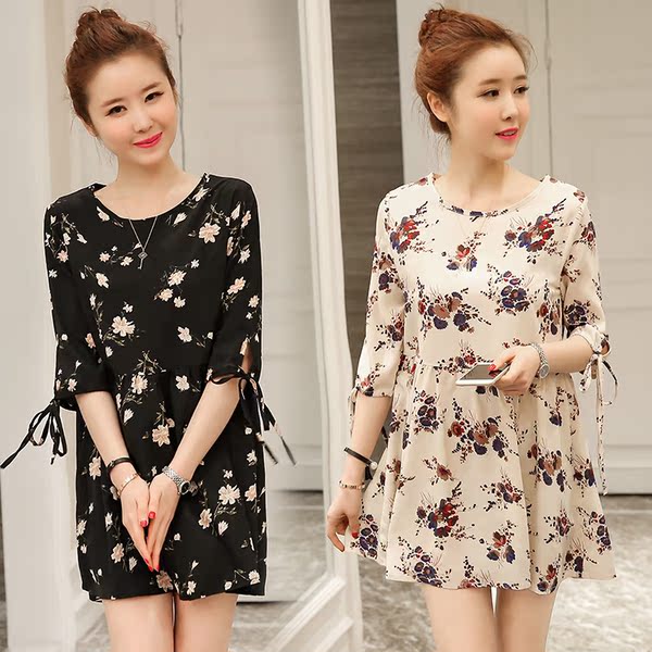 2017春夏新款大码女装小清新甜美系带显瘦五分袖碎花雪纺连衣裙子