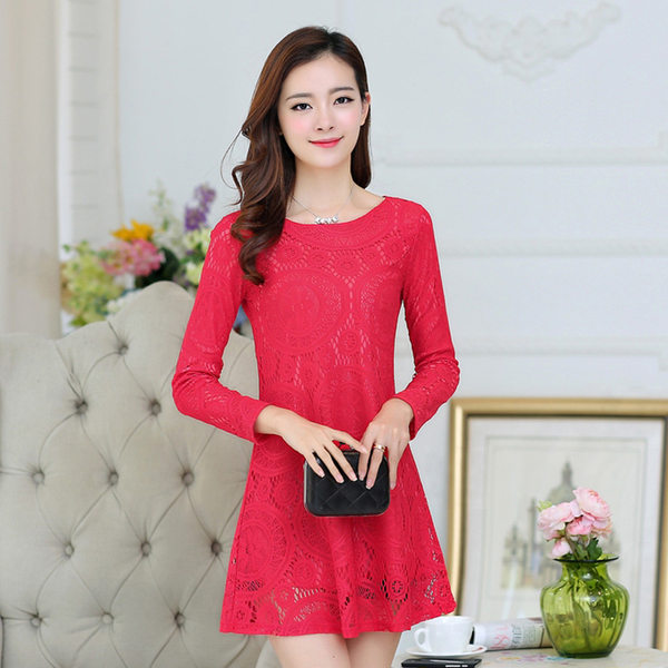 加绒加厚蕾丝连衣裙长袖秋装女装新款韩版显瘦大码中裙A字打底裙