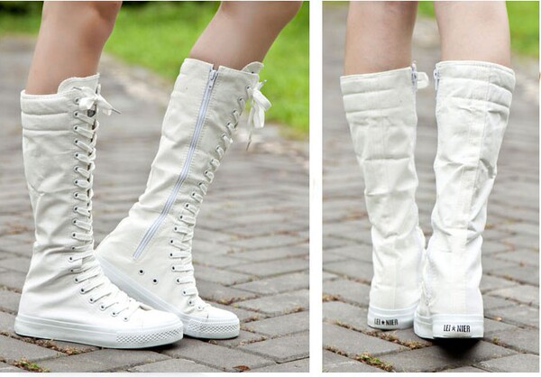 春季高筒靴长筒靴帆布表演出高帮手绘帆布鞋韩版日系黑白色跳舞