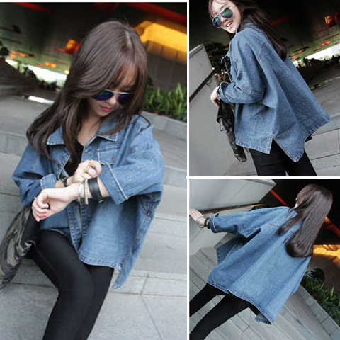 2016春秋韩版BF风蝙蝠袖不规则斗篷宽松长袖牛仔外套短款女牛仔衣
