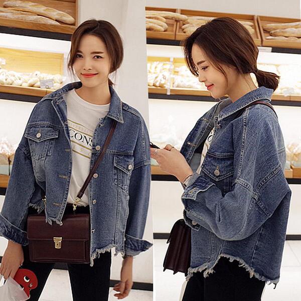 秋季新韩版BF宽松牛仔外套女短款原宿风毛边长袖牛仔衣夹克学生潮