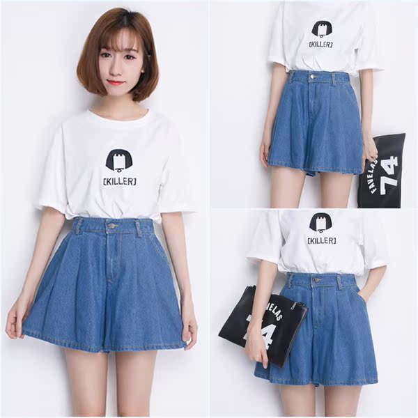 韩版牛仔裤女装裤裙夏季宽松高腰阔腿裤子2016新款松紧腰短裤热裤