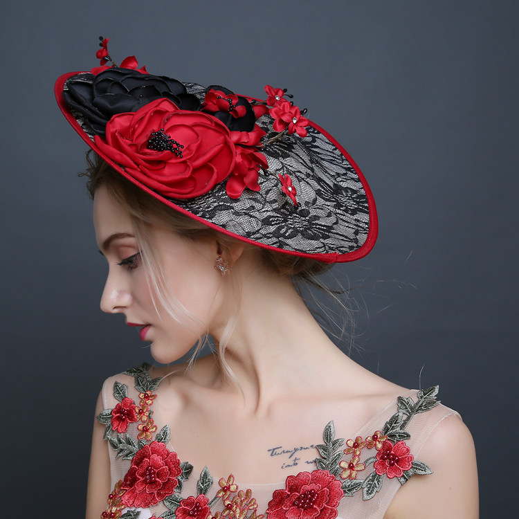 宫廷演出礼帽沙滩写真帽子灰色红色花朵【产品高清主图↓】时间:2017