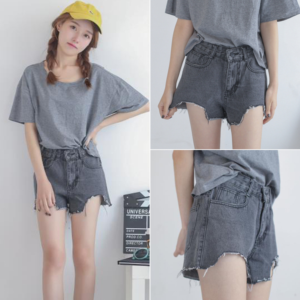 2017春夏新款韩版不规则毛边牛仔短裤高腰显瘦百搭热裤子女学生潮