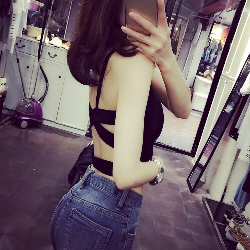 7006#百搭打底吊带衫后背交叉镂空性感露背短款小背心(带胸垫)