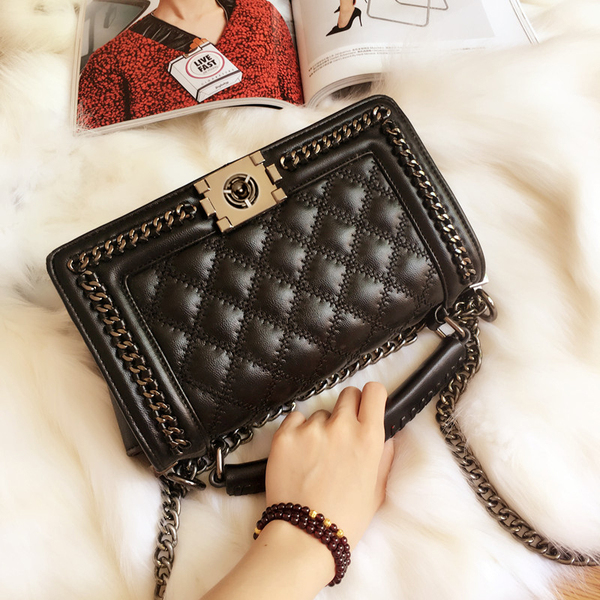 真皮女包2017新款手提包百搭羊皮小香风包包菱格链条包单肩斜挎包