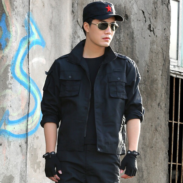 黑色保安作训服套装迷彩服春秋军装军迷服装男长袖耐磨多袋工作服