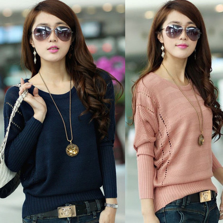 2016秋款女韩版网纱 镂空套头罩打底宽松毛衣外套针织衫蝙蝠衫