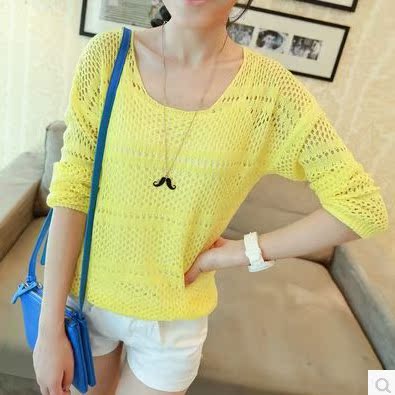 韩版秋季新款女装镂空针织衫罩衫套头长袖薄毛衣圆领外套宽松上衣