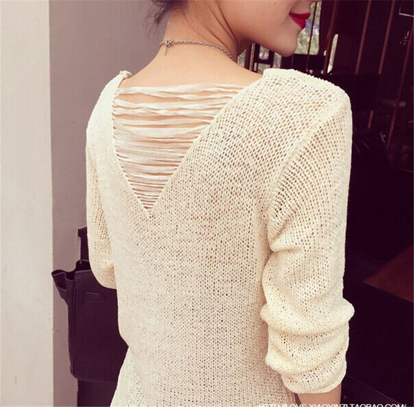 女针织衫 短秋款秋季新款韩版百搭后背镂空薄款毛衣修身纯色上衣