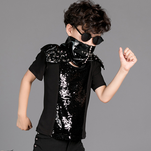 儿童演出服男童秋季模特走秀亮片短袖演唱街舞架子鼓爵士舞表演服