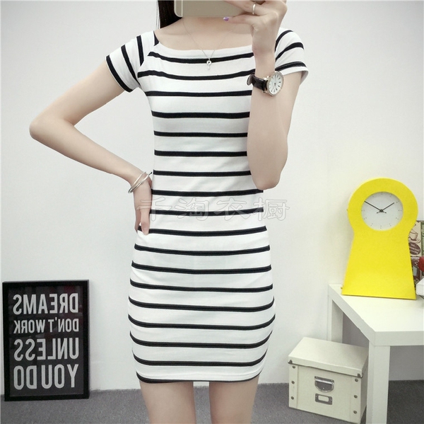夏款女装纯棉短袖一字领露肩裙性感修身包臀连衣裙打底漏肩中长裙