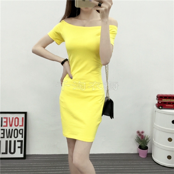 夏款女装纯棉短袖一字领露肩裙性感修身包臀连衣裙打底漏肩中长裙