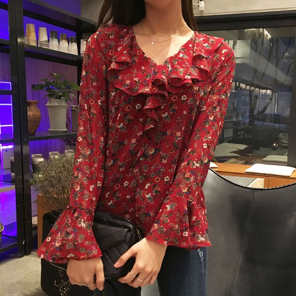 2017春装韩版新款鬼马系少女浪漫甜美碎花印花宽松雪纺衬衫女上衣