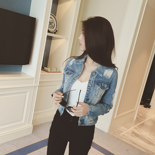 2016秋季新款韩版时尚宽松显瘦百搭破洞长袖牛仔短外套女装上衣潮