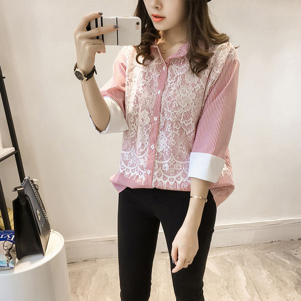 条纹衬衫女 韩版2017春装新款宽松蕾丝拼接上衣翻领中长款衬衣潮