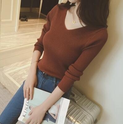 2016秋冬新款百搭V领长袖打底衫女紧身性感弹力针织衫套头毛衣女