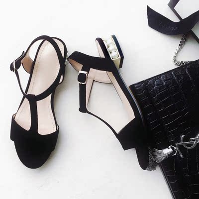 复古丁字扣平跟珍珠凉鞋黑色翻皮真皮扣带夏季平底女鞋