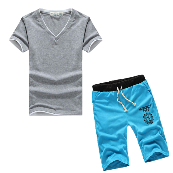 男士夏季休闲运动套装2016夏装新款短袖T恤V领韩版修身上衣服潮