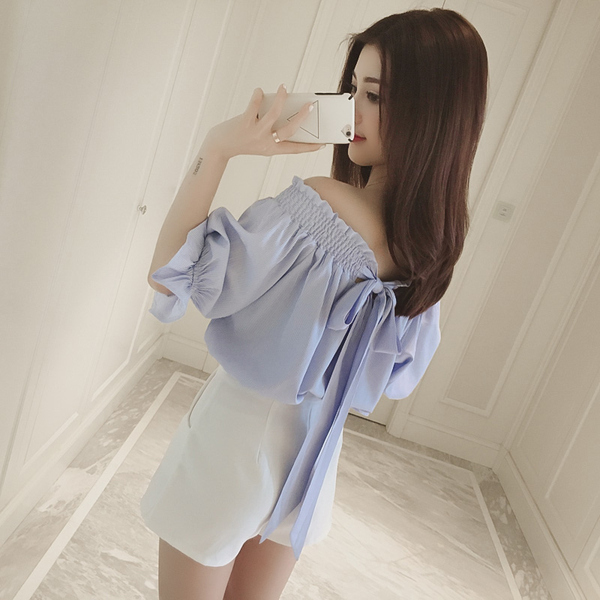 6度2017春夏新款韩版一字领露肩后背蝴蝶结宽松百搭衬衫上衣女潮