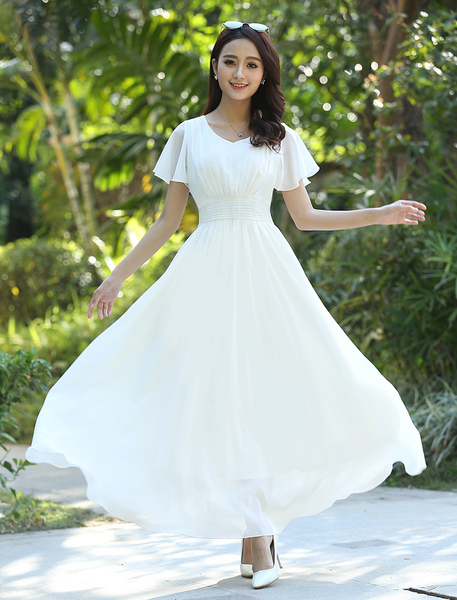 2017夏季新款连衣裙长裙v领雪纺修身女装波西米亚沙滩裙子仙女裙