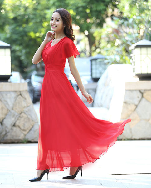 2017夏季新款连衣裙长裙v领雪纺修身女装波西米亚沙滩裙子仙女裙